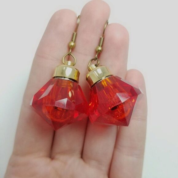 Vintage Bright Red Dangle Earrings, Christmas Ornament Style Shape, Plastic - Picture 2 of 6
